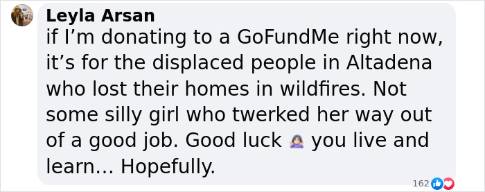Comment criticizing a GoFundMe for a flight attendant fired over a twerking video, supporting a lingerie business. Comment criticizing a GoFundMe for a flight attendant fired over a twerking video, supporting a lingerie business.