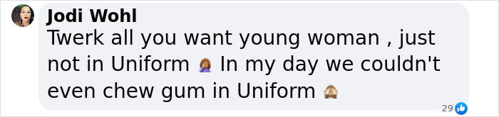 Comment criticizing twerking in uniform, referencing flight attendant situation with emoji reactions. Comment criticizing twerking in uniform, referencing flight attendant situation with emoji reactions.