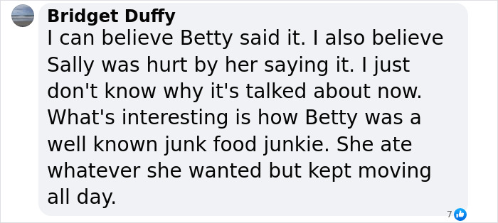 Text conversation about Sally Struthers discussing Betty White's past comments, mentioning junk food habits.