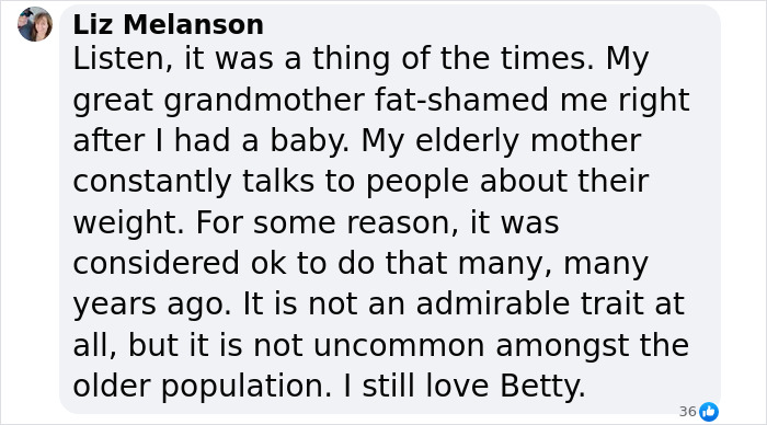 Text conversation about fat-shaming, mentioning Sally Struthers and Betty White, reflecting generational attitudes.
