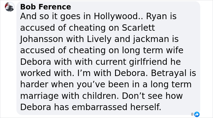 Social media comment discussing rumors involving Deborra-Lee Furness, Blake Lively, and Hugh Jackman.