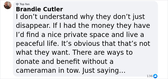 Comment questioning Meghan Markle and Prince Harry's lifestyle choices, suggesting privacy over publicity.