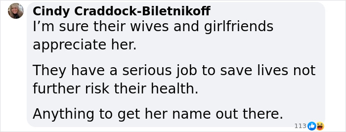 Comment criticizing adult star's date night offer to LA firefighters for their heroic efforts.