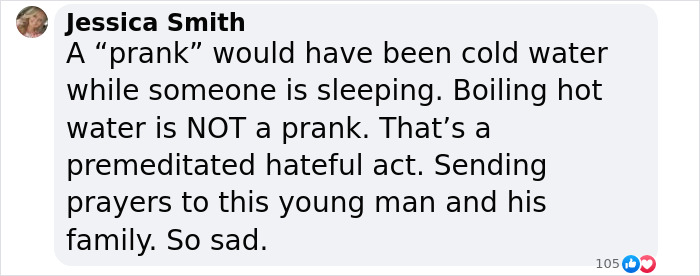 Comment expressing concern about a prank involving scalding hot water on a 12-year-old boy's face during a sleepover.