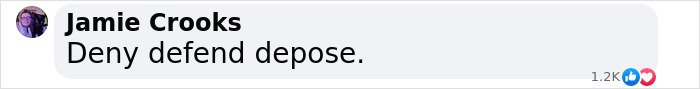 Jamie Crooks comment with text "Deny defend depose," related to UnitedHealth value loss. Jamie Crooks comment with text "Deny defend depose," related to UnitedHealth value loss.