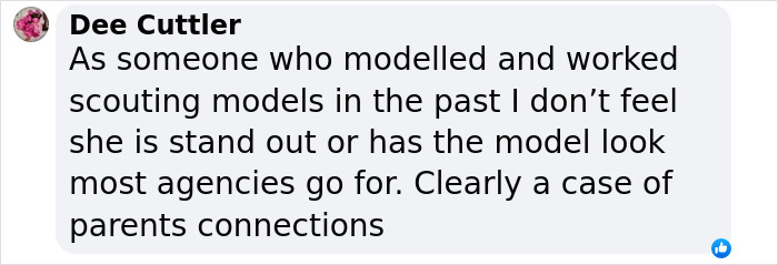 A comment about Nicole Kidman's "nepo baby" modeling success and industry connections.