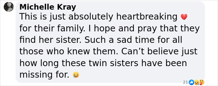 Comment expressing sadness and hope in search for missing sisters.
