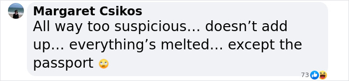 Comment discussing Cybertruck explosion mystery, mentioning melted items except a passport.