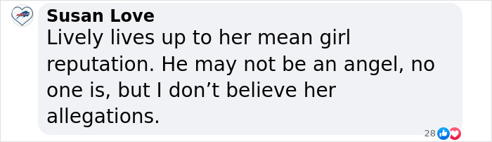 Comment screenshot discussing Blake Lively's alleged harassment claims.