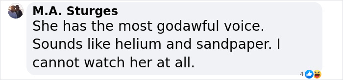 Social media comment criticizing a celebrity's voice, related to "rudest celebrity" topic. Social media comment criticizing a celebrity's voice, related to "rudest celebrity" topic.