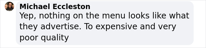 Text from Michael Eccleston criticizing menu quality and pricing at McDonald's.