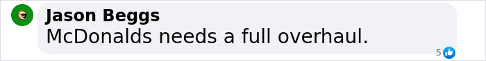 Text message suggesting McDonald's requires changes, with username "Jason Beggs" and 5 likes.
