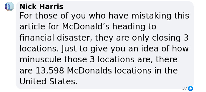 Nick Harris discusses McDonald's subgroup close, clarifying only 3 locations are closing out of 13,598 in the U.S.