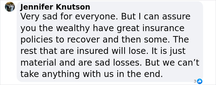Screenshot of a comment discussing wealth and insurance during LA wildfires, with mentions of celebrities. Screenshot of a comment discussing wealth and insurance during LA wildfires, with mentions of celebrities.