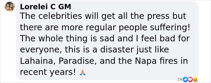 Comment criticizing celebrities for spotlight-stealing during LA wildfires, emphasizing regular people's suffering. Comment criticizing celebrities for spotlight-stealing during LA wildfires, emphasizing regular people's suffering.