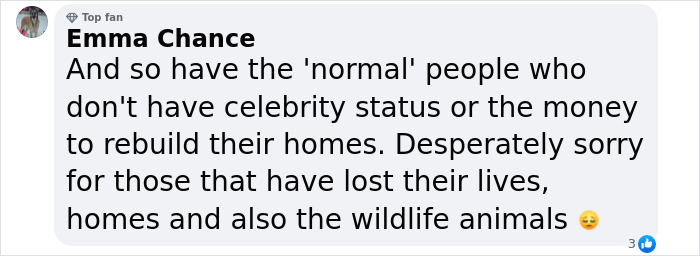 Screenshot of a comment criticizing celebrities during the LA wildfires, highlighting issues faced by ordinary people. Screenshot of a comment criticizing celebrities during the LA wildfires, highlighting issues faced by ordinary people.