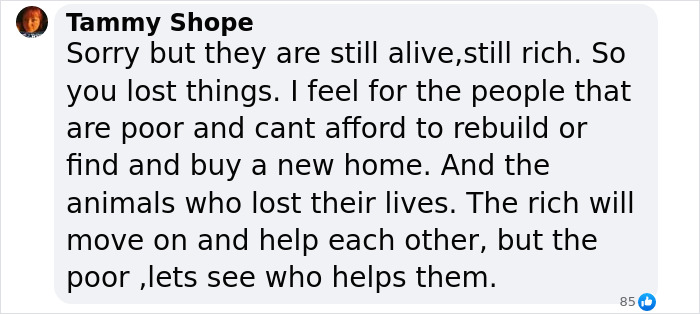 Tammy Shope's comment criticizing celebrities for overshadowing LA wildfires victims, highlighting disparity in recovery. Tammy Shope's comment criticizing celebrities for overshadowing LA wildfires victims, highlighting disparity in recovery.