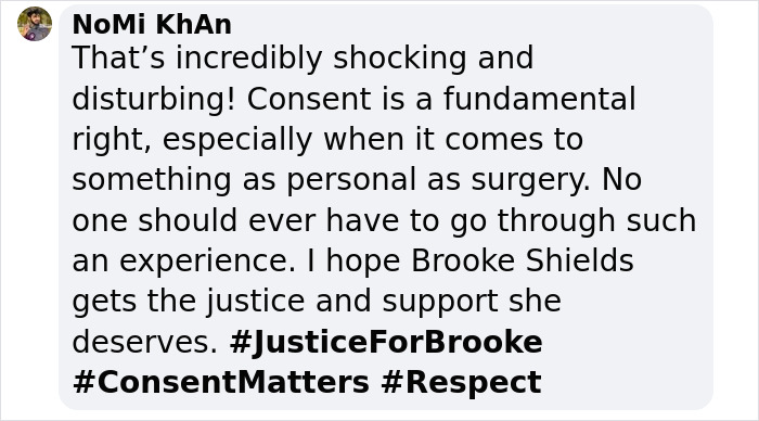 Comment highlights labia surgery consent issues; mentions Brooke Shields and hashtags #JusticeForBrooke #ConsentMatters.