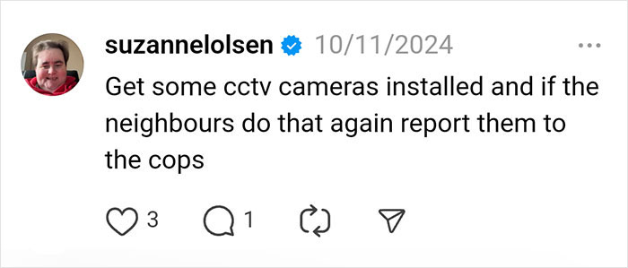Social media post advising to install CCTV cameras and report secret missions by neighbors.