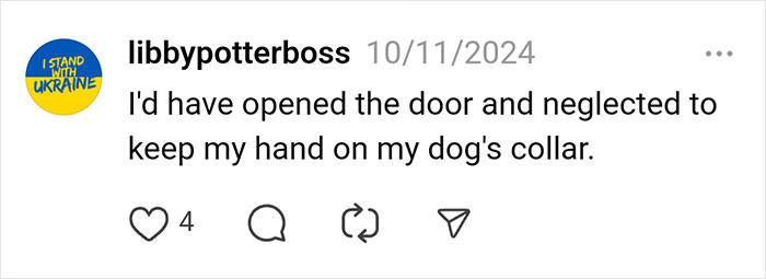 Social media comment about opening the door and controlling a dog's collar.