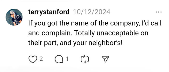 A message expressing outrage over secret plumbing mission into a private yard.