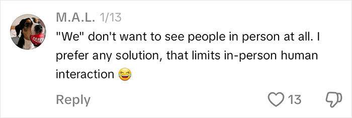 Comment discussing preference for minimal in-person interaction with humorous emoji, related to post-brain rot era. Comment discussing preference for minimal in-person interaction with humorous emoji, related to post-brain rot era.