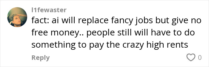 Comment about AI replacing jobs, mentioning high rents, related to post-brain rot era discussion. Comment about AI replacing jobs, mentioning high rents, related to post-brain rot era discussion.