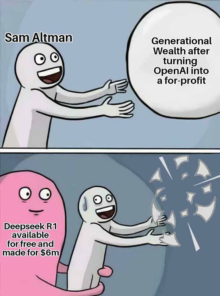 A meme showing DeepSeek's power move against AI chatbots, disrupting plans for OpenAI's generational wealth.