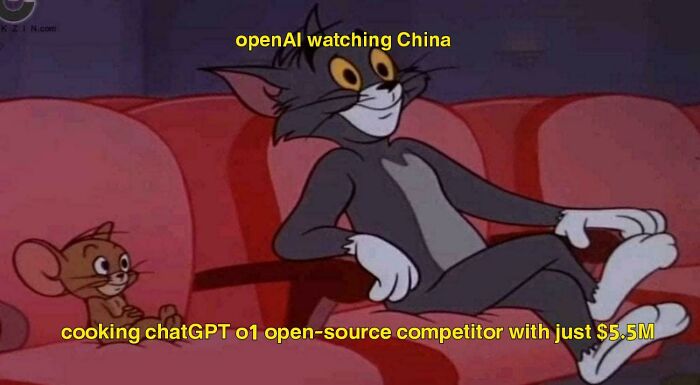 Cartoon cat and mouse with text about OpenAI and chatGPT competitor, reflecting chaos in AI chatbots.