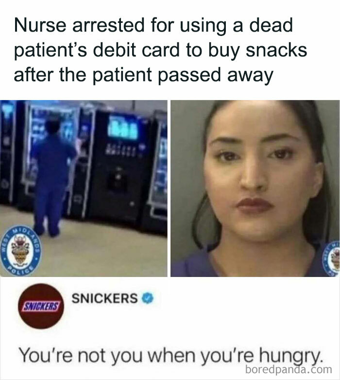 A random meme showing a nurse, vending machine, and humorous Snickers slogan.