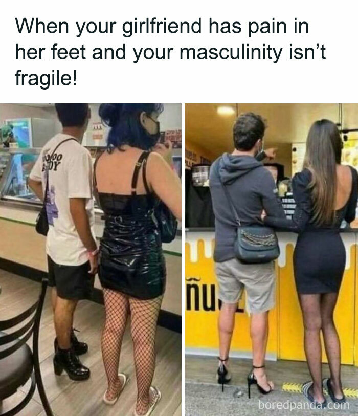 Two funny memes of men wearing high heels at food counters, highlighting gender roles humor.