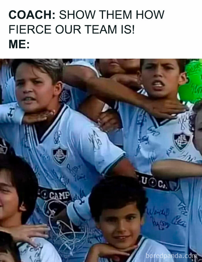 Kids posing fiercely for a team photo, executing dramatic gestures for comedy.