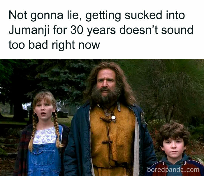 A humorous meme referencing being in Jumanji for 30 years with characters standing together.