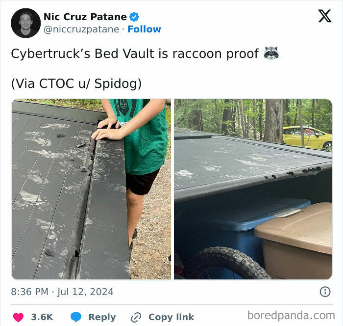 Cybertruck bed vault with raccoon footprints, showcasing funny ingenuity in meme format.