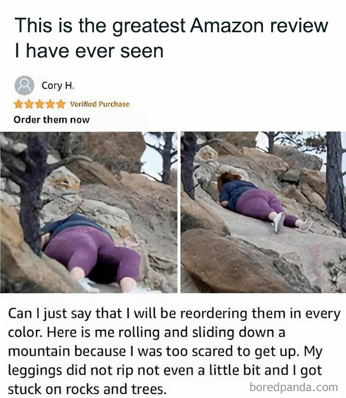 Funny meme showing a person stuck on rocks, praised for durable leggings in a humorous Amazon review.