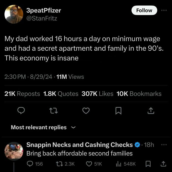 Tweet about working 16 hours a day on minimum wage with humorous replies, highlighting the funny memes concept.