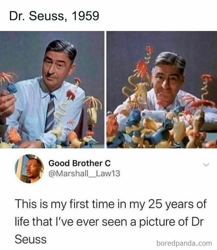 Man with whimsical figures in vintage photos, text overlay expressing surprise at seeing Dr. Seuss's picture, funny meme.
