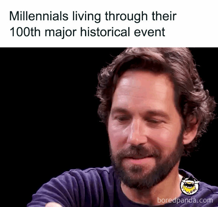 Bearded man smiling in front of meme text about millennials experiencing historical events.