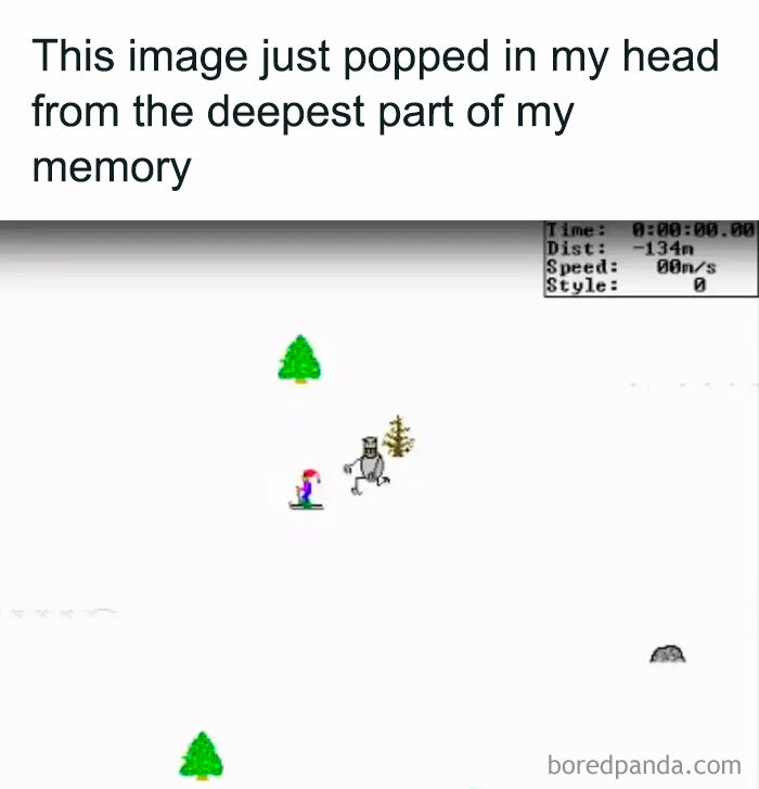 Retro game meme showing a skier being chased by a yeti on a snowy landscape with trees.