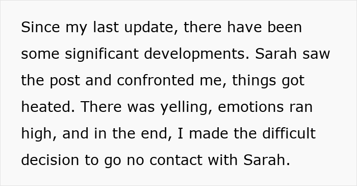 Text about a confrontation and ending contact over wedding invite drama.