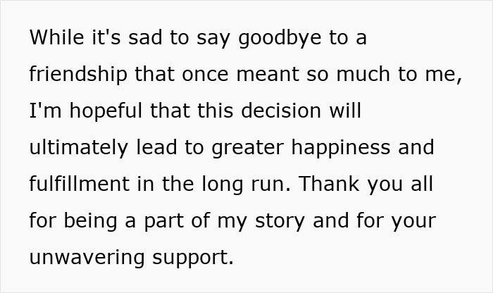 Text about ending a friendship for greater happiness and fulfillment, seeking support.