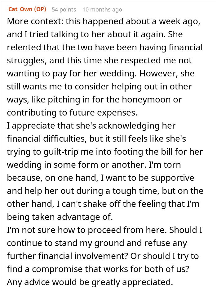 Text message discussing refusal to pay for a wedding due to being uninvited, mentioning financial struggles and feelings of guilt.