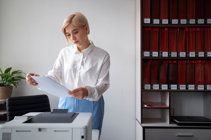 Woman in office reviewing documents near a printer, focusing on reimbursement receipts. Woman in office reviewing documents near a printer, focusing on reimbursement receipts.