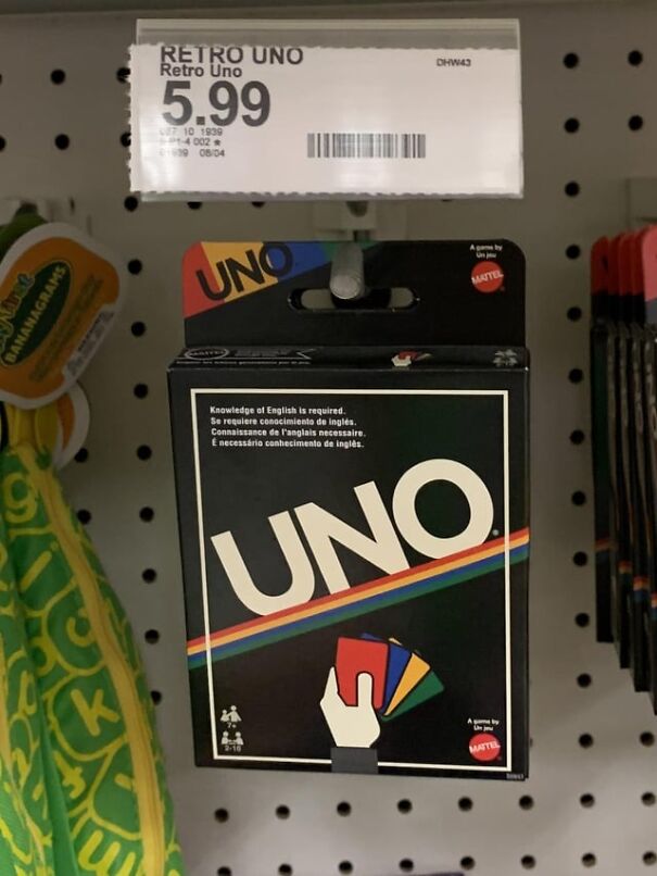 Retro UNO card game displayed for sale, priced at $5.99, evoking nostalgic sentiments.