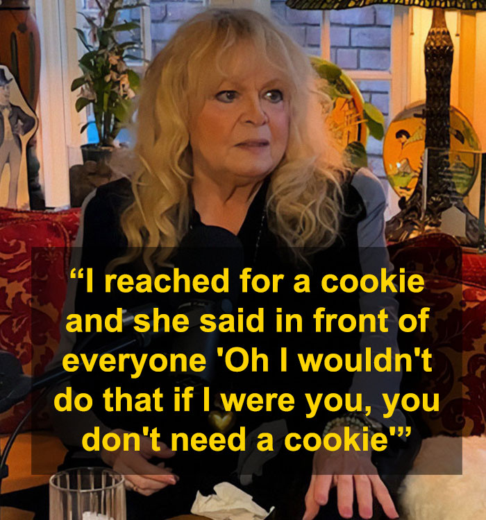 Sally Struthers discussing a passive-aggressive comment about fat-shaming in a cozy room setting.