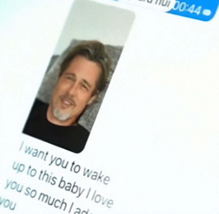 Fake AI Brad Pitt scam message to woman on phone screen. Fake AI Brad Pitt scam message to woman on phone screen.