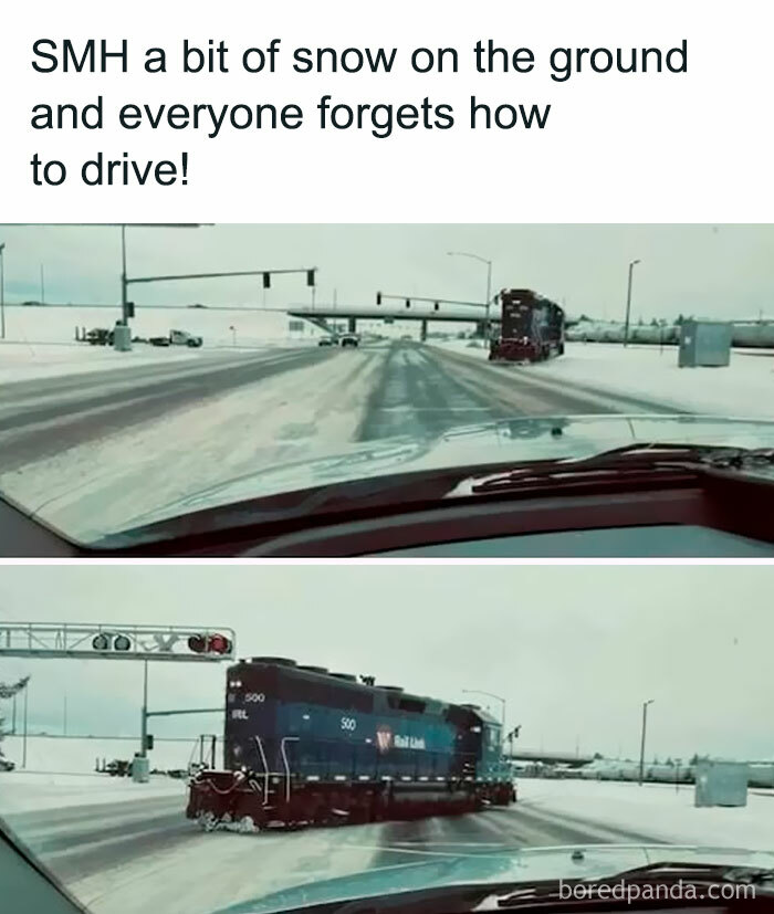 Train on a snowy road as a science meme humorously comments on driving skills.