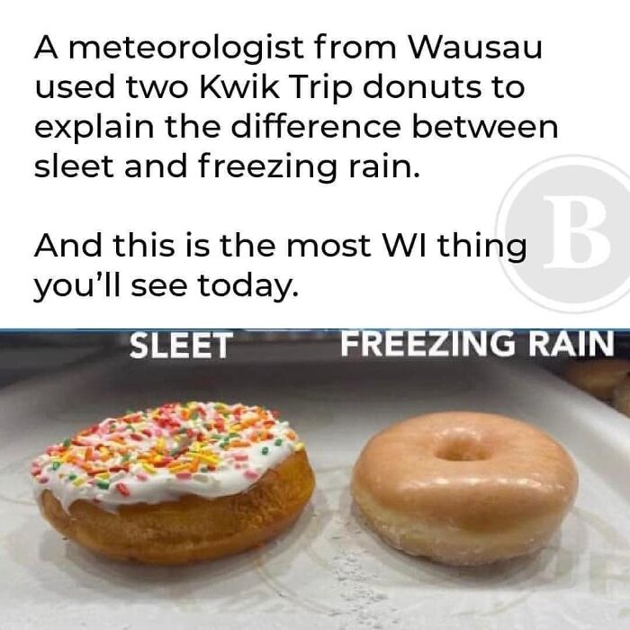 Science meme comparing sleet and freezing rain using donuts with sprinkles and glaze.