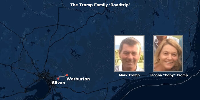 Map depicting the Tromp family's mysterious road trip route in Australia with images of Mark and Jacoba Tromp.