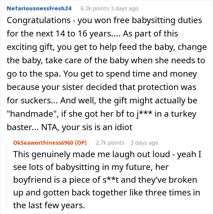 Reddit thread discussing a brother's reaction to his sister's pregnancy announcement as a Christmas gift. Reddit thread discussing a brother's reaction to his sister's pregnancy announcement as a Christmas gift.
